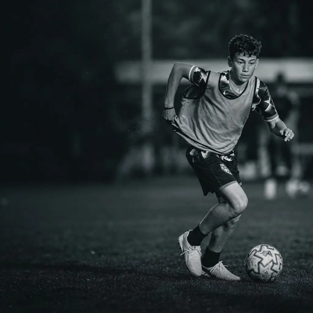Youth player dribbling under the lights at an MDS training session in Bergen County